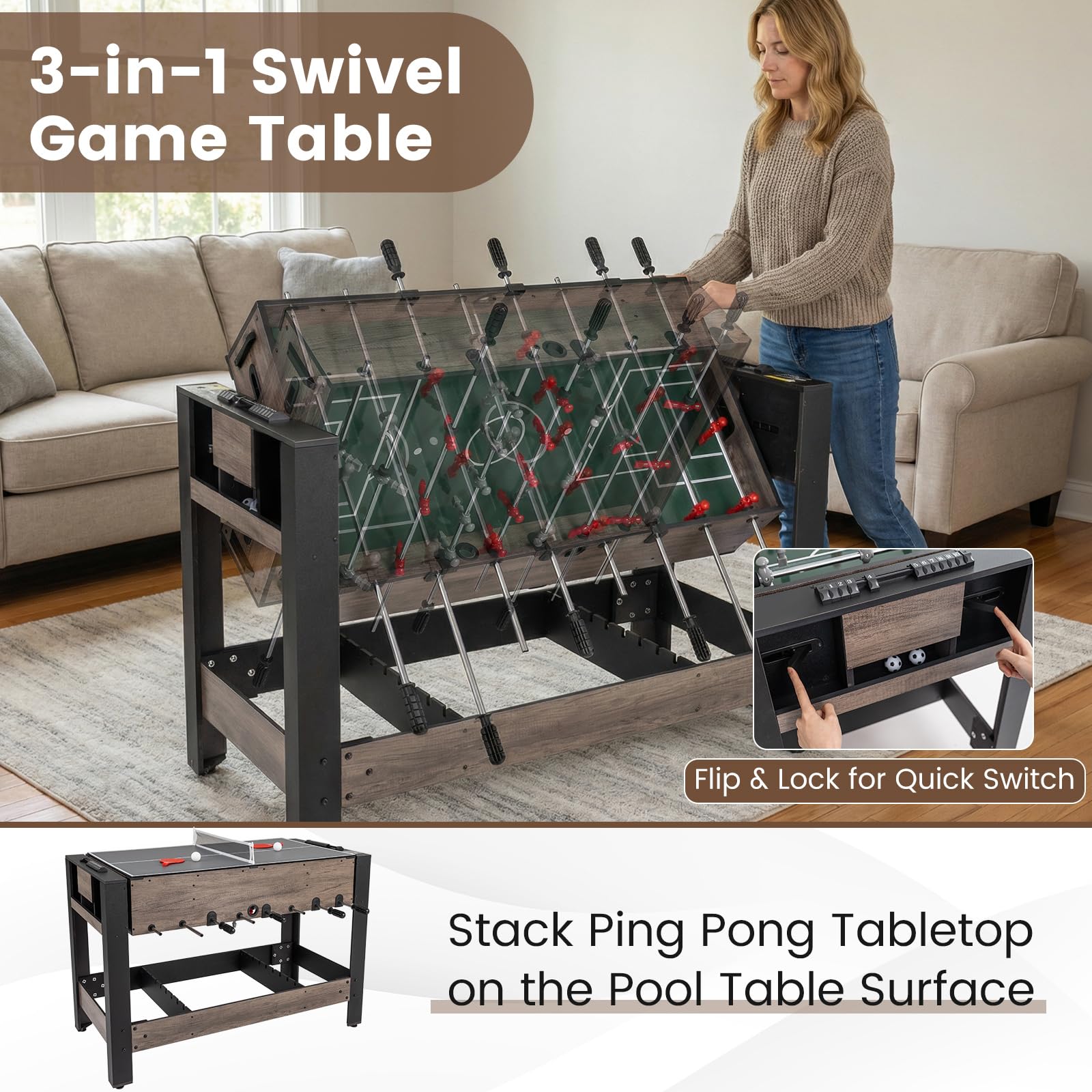 3-in-1 124CM Swivel Game Table with Foosball Pool Billiards Table Tenn ...