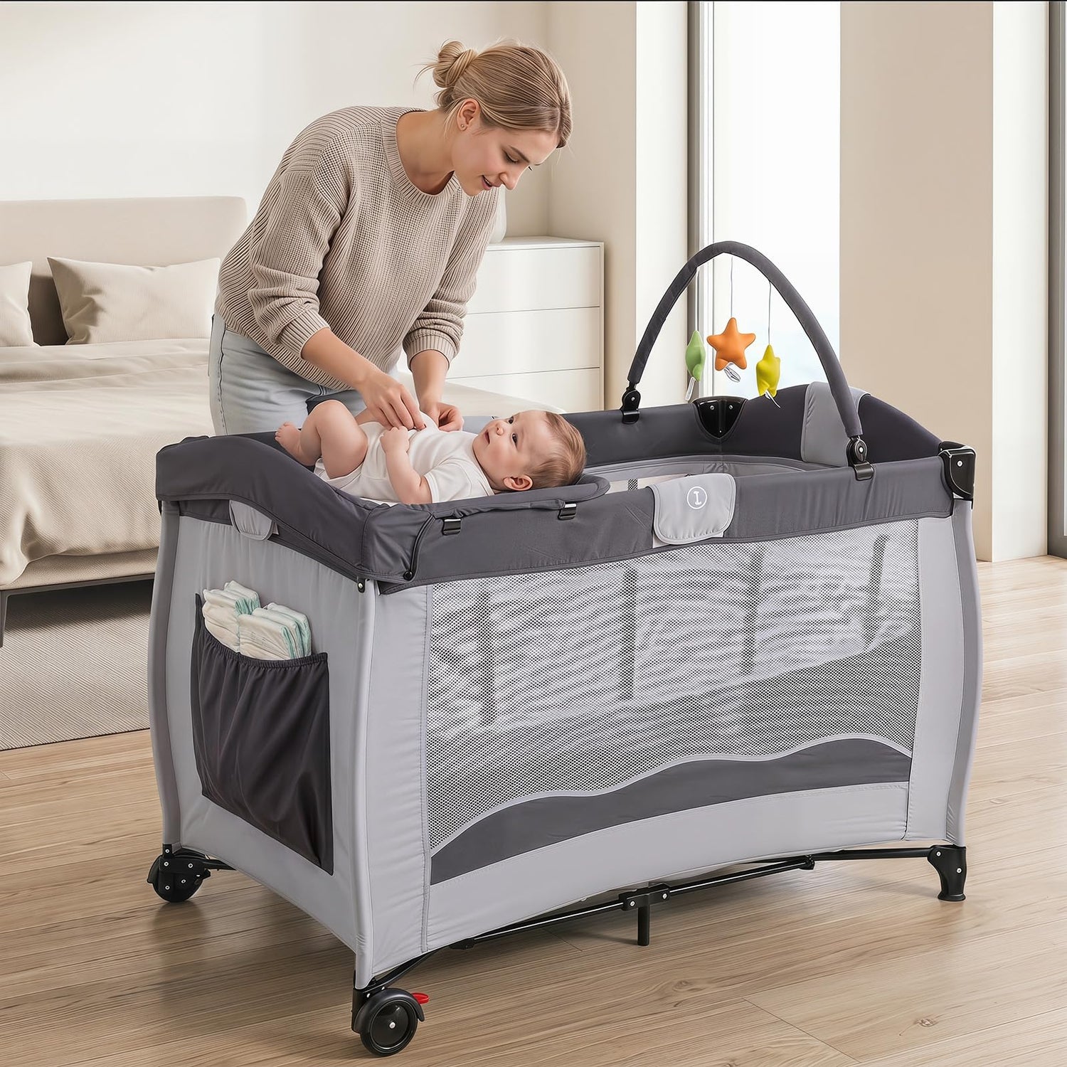 4 in 1 Travel Cot, Portable Baby Crib Bassinet with Diaper Changing Table