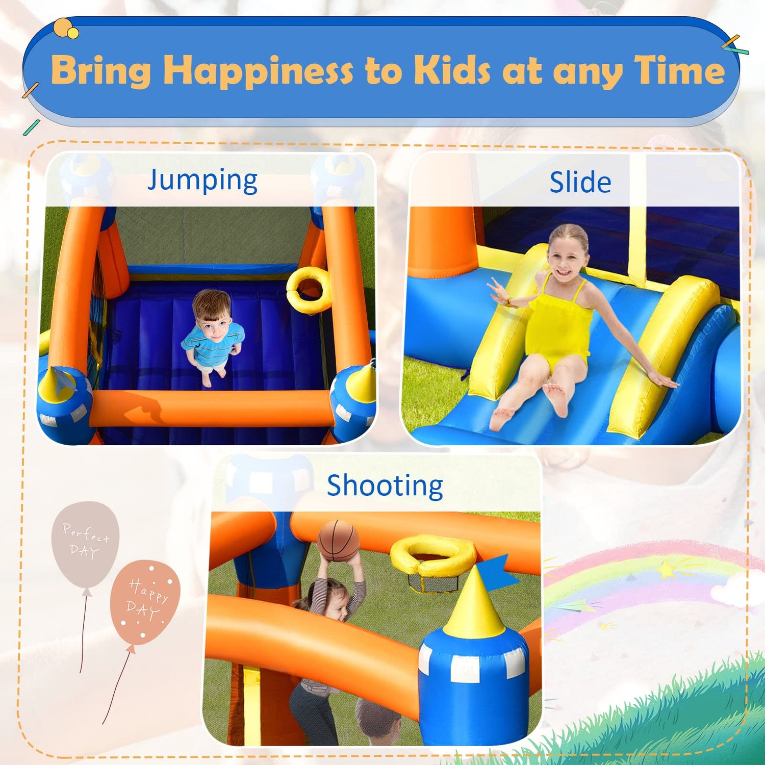 GYMAX Kids Bouncy Castle with Slide and Basketball Hoop