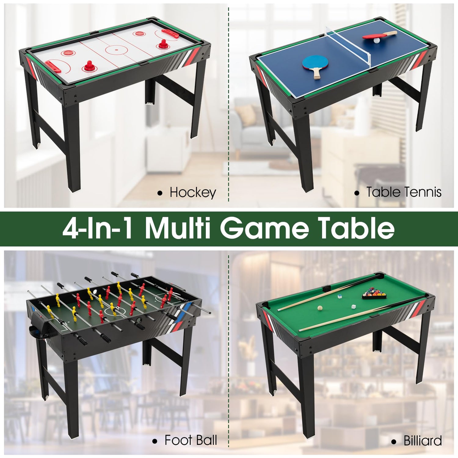 GYMAX 4 in 1 Multi Game Table, Combo Games Table Set with Foosball, Hockey, Billiard and Table Tennis, 125 x 97 x 83cm