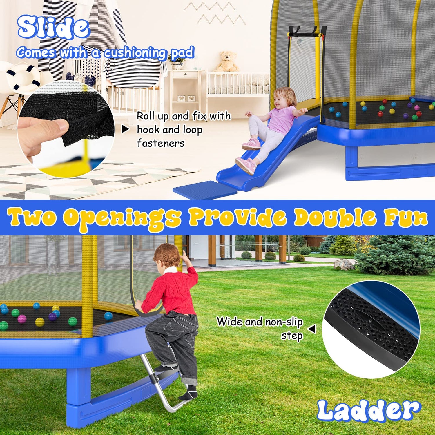 GYMAX 7FT Trampoline with Slide, Indoor Outdoor Kids Jumping Trampoline with Safety Enclosure Net