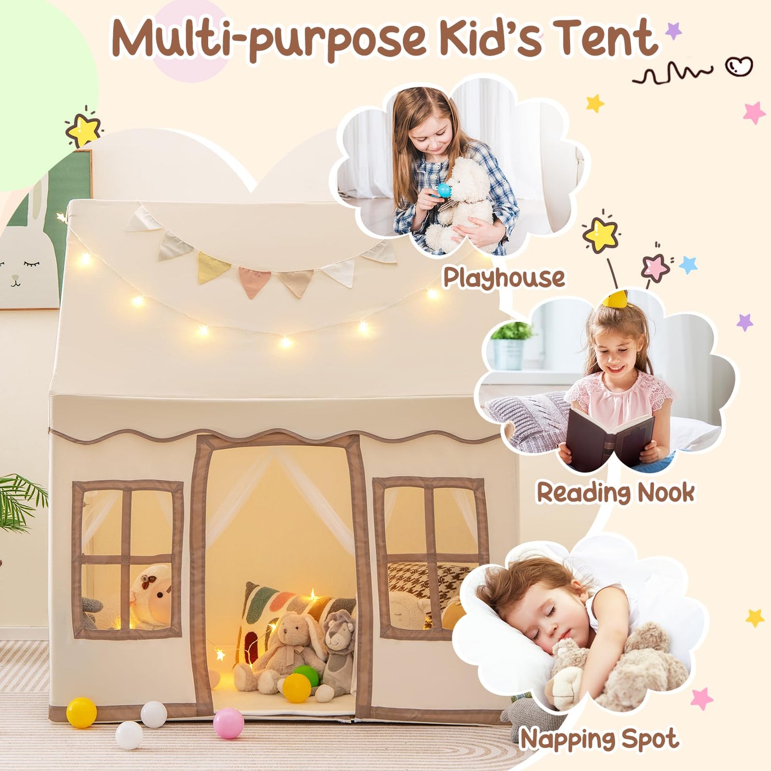 GYMAX Kids Tent, Indoor Children Playhouse with Washable Mat, Star Lights & Windows