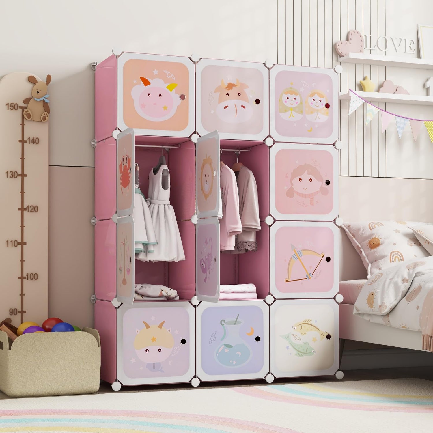 GYMAX Cartoon Clothes Closet with Hanging Section