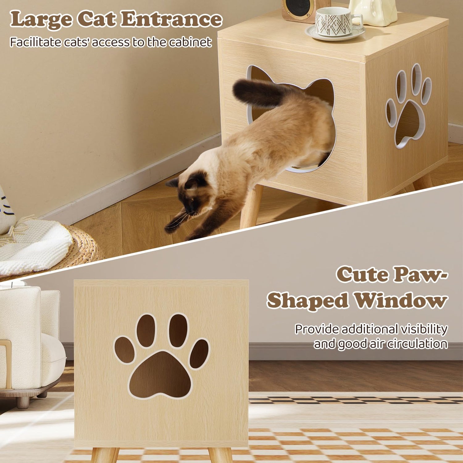 Cat Litter Box Enclosure with Rubber Wood Legs and Detachable Top