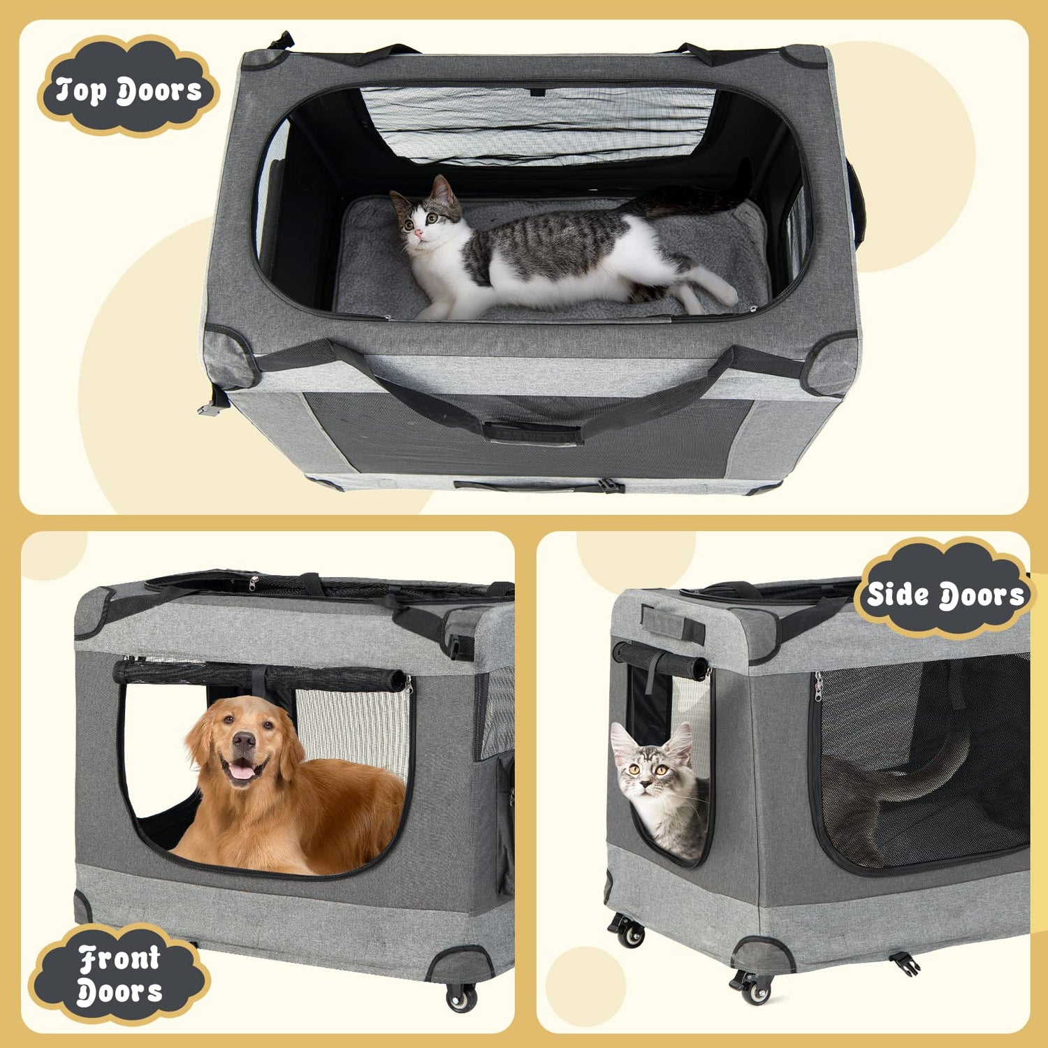Foldable Large Portable 3-Door Pet Travel Bag with Wheels