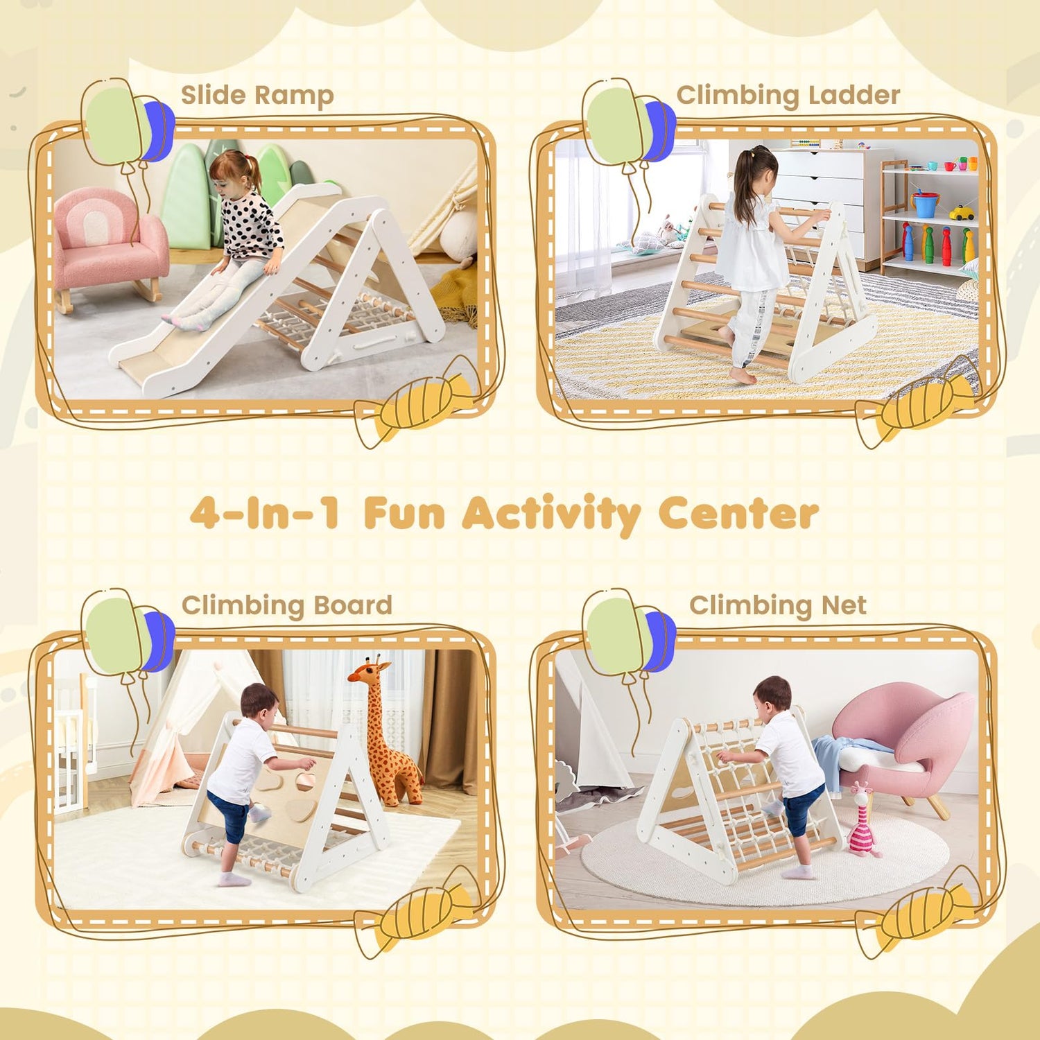 GYMAX 4 in 1 Kids Climbing Set, Wooden Toddler Climber with Slide, Outdoor Indoor 3 Sides Climbing Frame