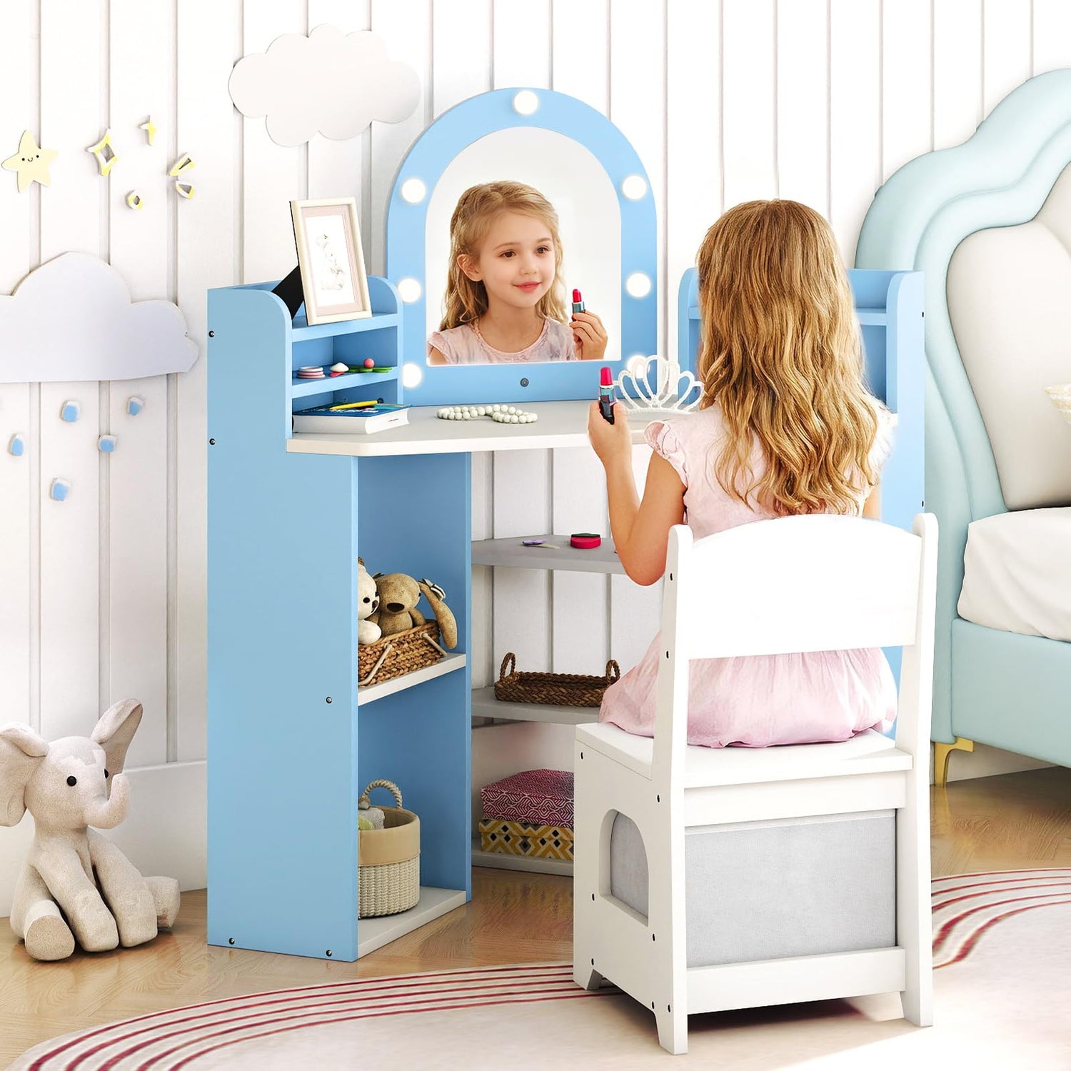 Corner Dressing Table with Lighted Mirror for Playroom Bedroom