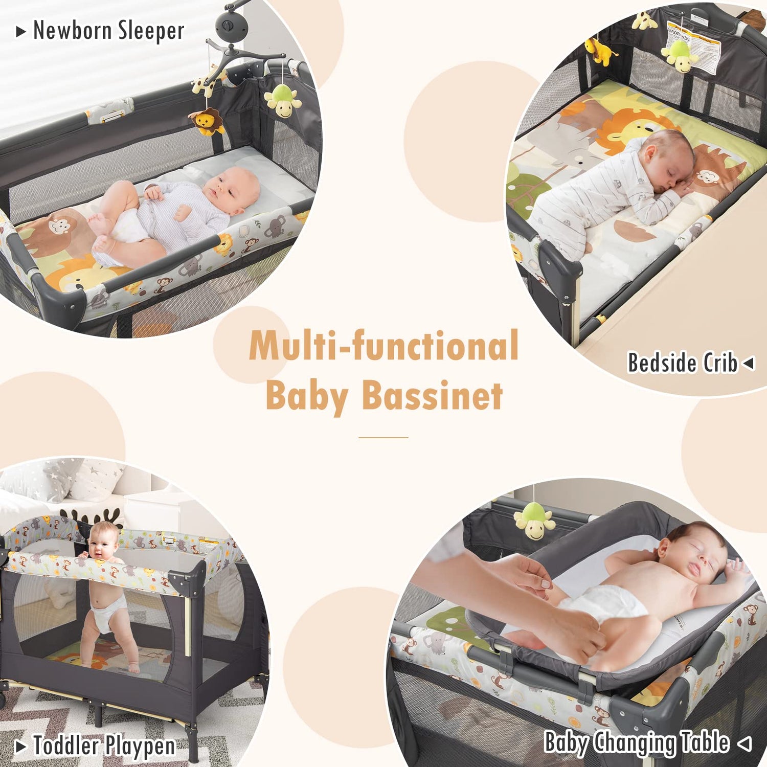 GYMAX Baby Travel Cot, 3 in 1 Bassinet Bed Activity Play Center with Changing Table, Music Box (Dark Gray)