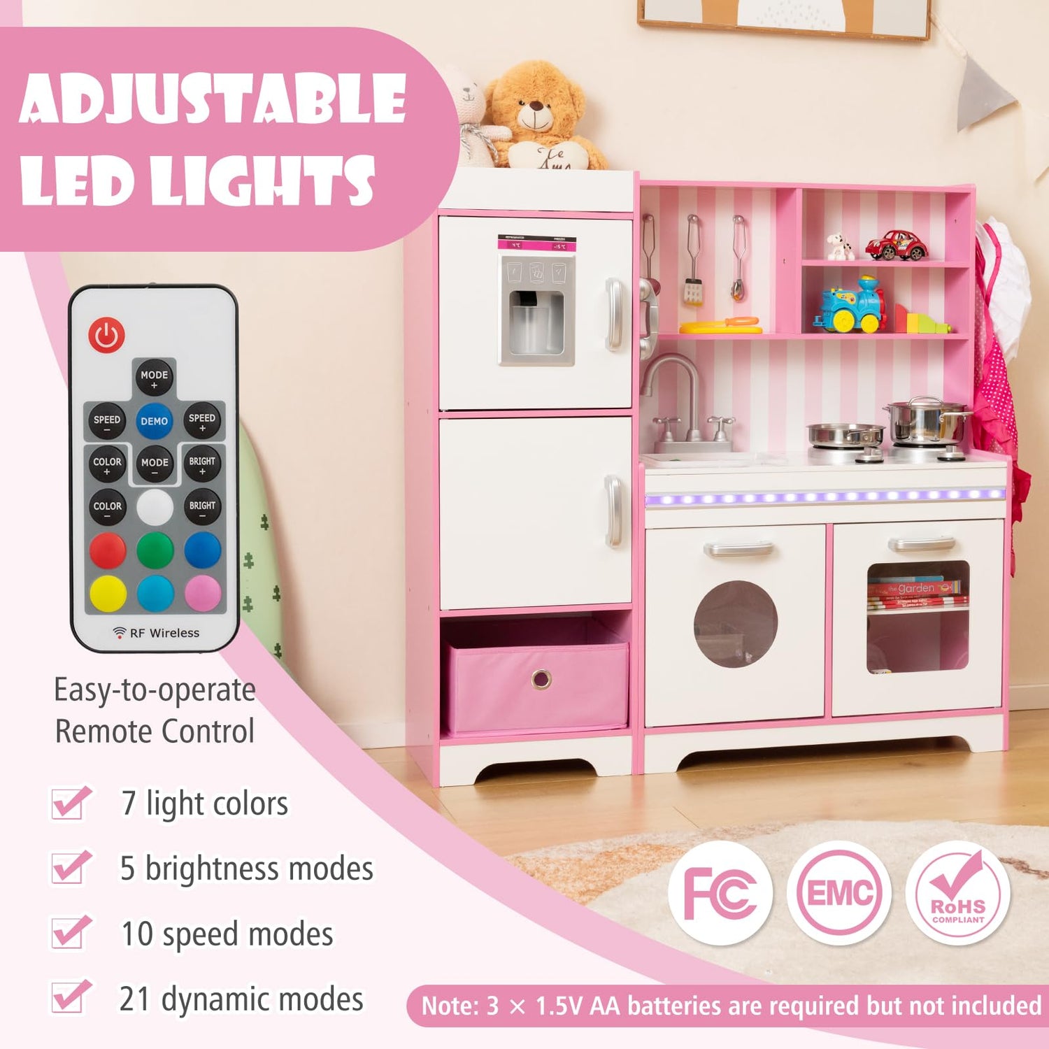 GYMAX Kids Play Kitchen, Wooden Kitchen Playset with Adjustable LED Lights, Ice Maker, Telephone