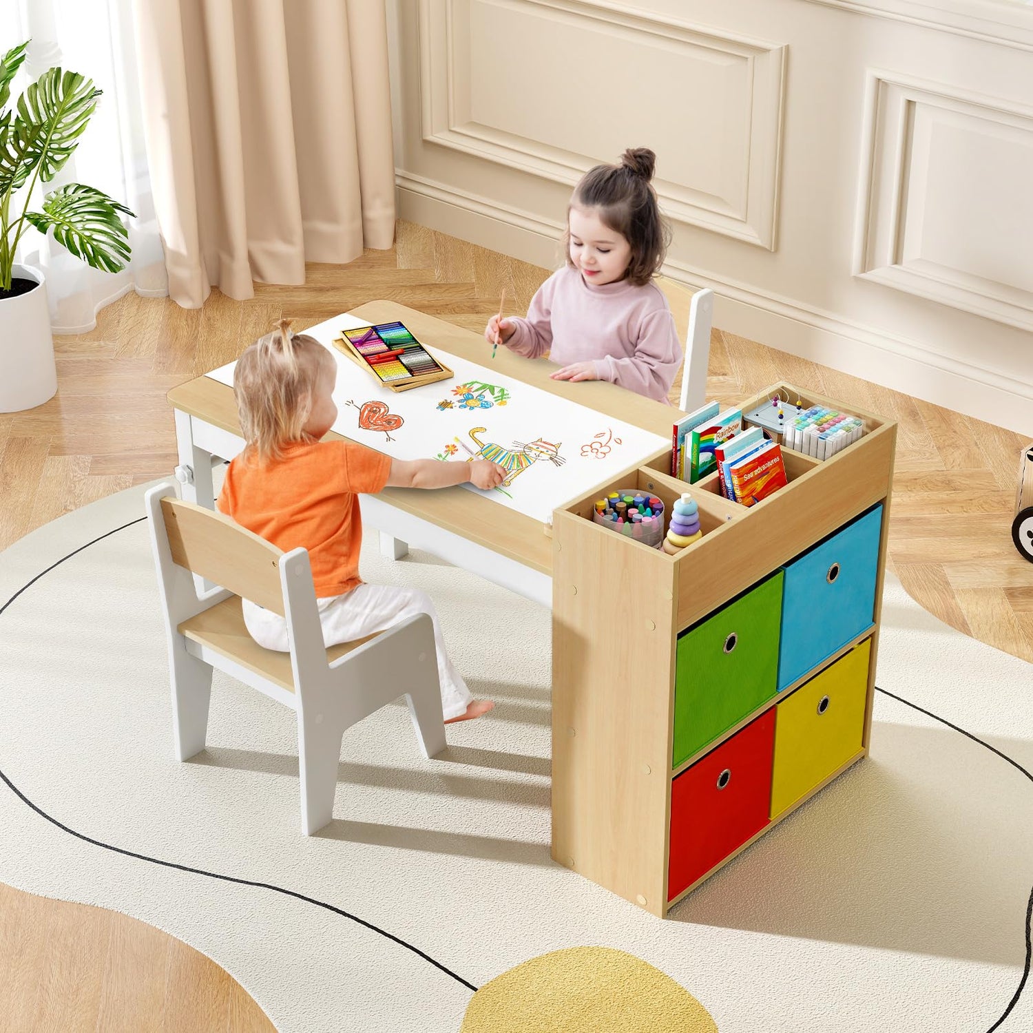 Wooden Children Study Desk with Paper Roll