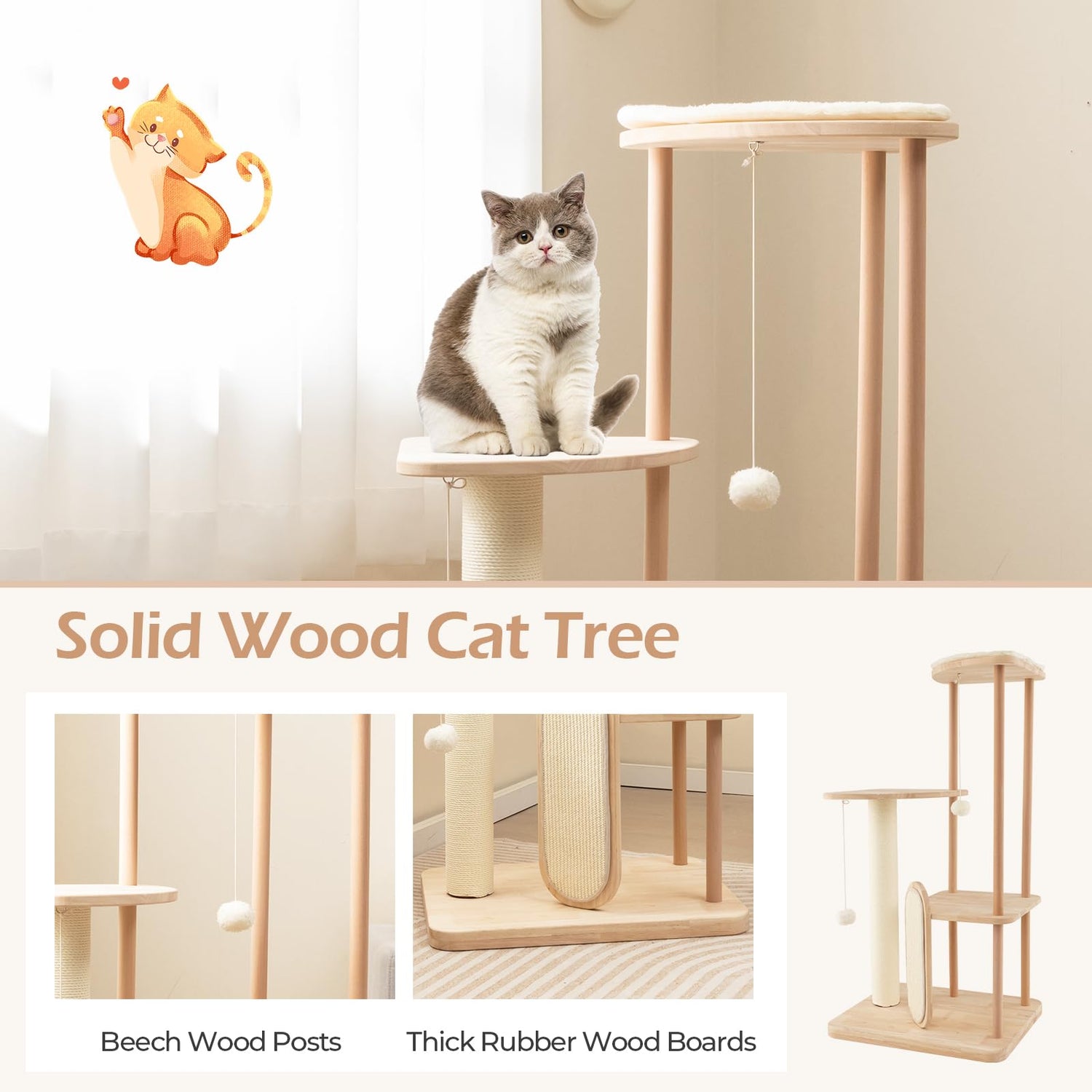 GYMAX Modern Cat Tree, Solid Wood Cat Tower(114cm)