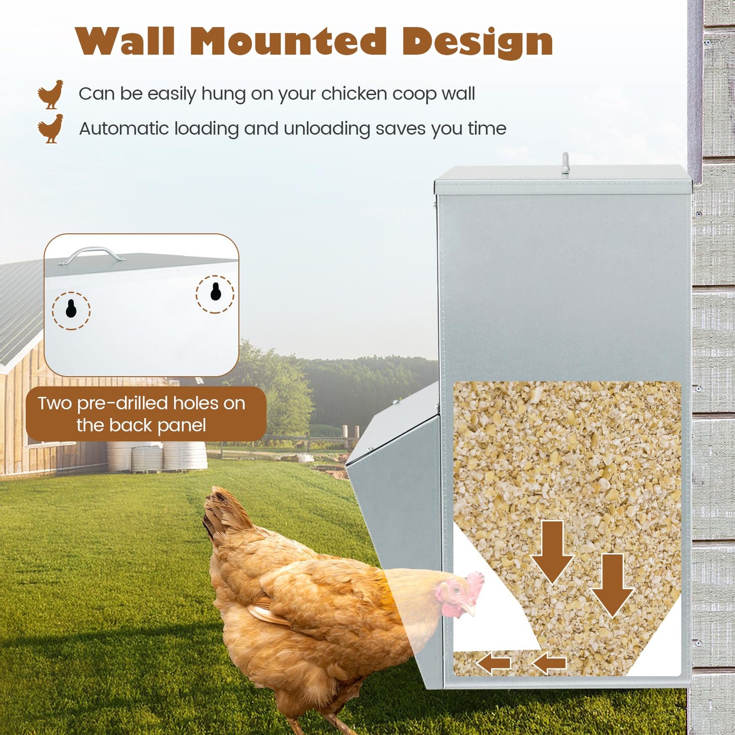 GYMAX 22kg Wall Mount Automatic Poultry Feeder with Lid