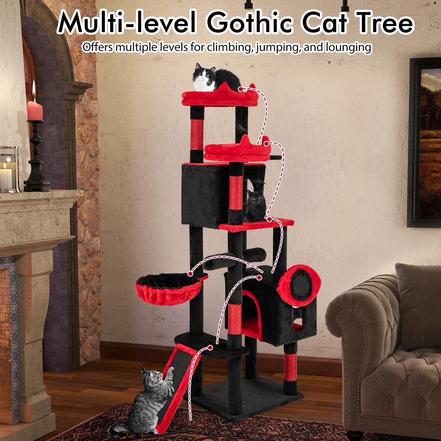 Gothic Cat Tree for Indoor Cats with 2 Cat Condos and 2 Plush Perches