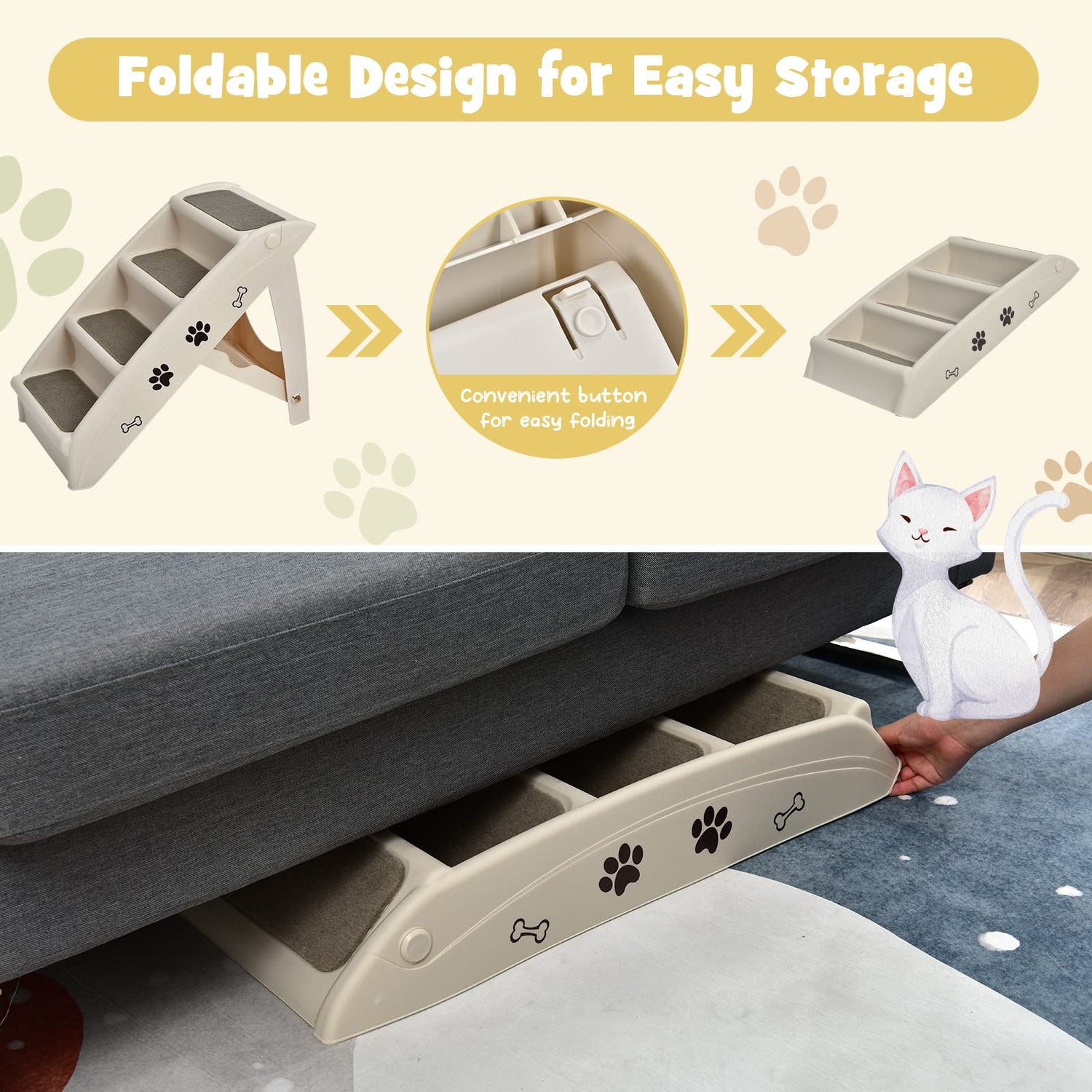 GYMAX Foldable Dog Step, Lightweight Access Pet Stairs with Cute Paw Pattern and Soft Felt