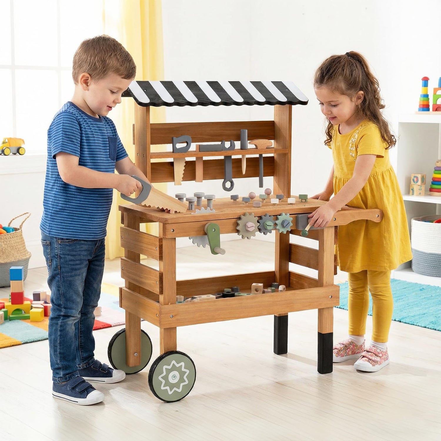2-in-1 Toddler Workbench Rolling Cart with Play Tools Set