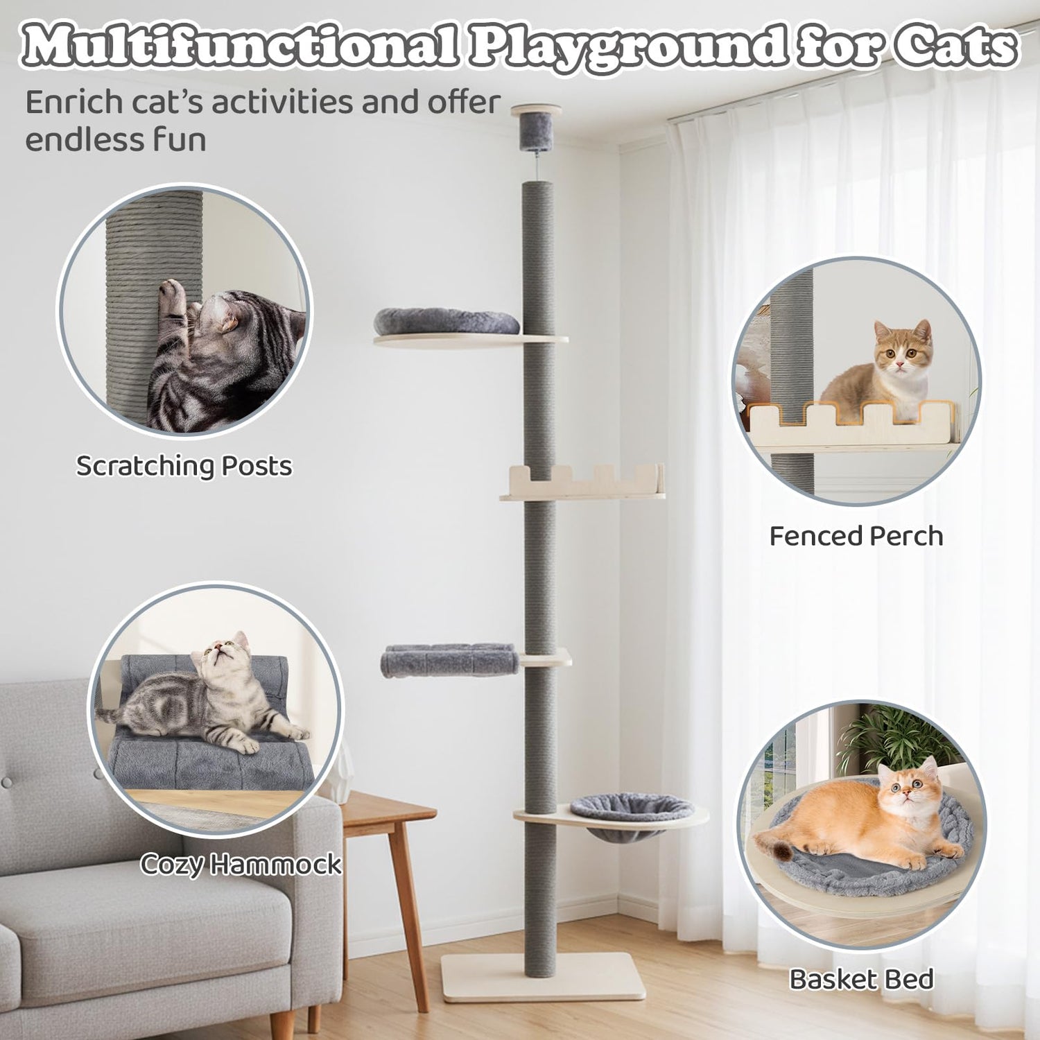 Floor to Ceiling Cat Tree, 5 Tier Tall Cat Tower with 236-271cm Adjustable Height