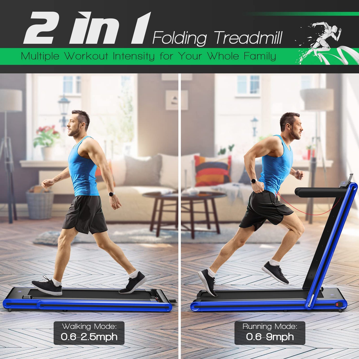 GYMAX Electric Treadmill, 2-in-1 Motorized Running Machine with Dual LED Display