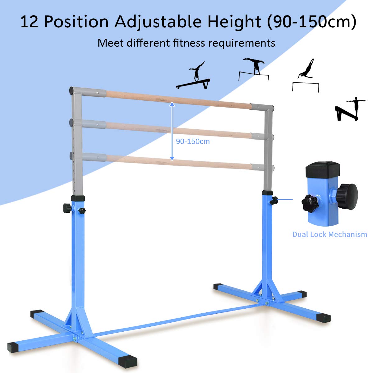 GYMAX Kids Adjustable Gymnastics Horizontal Bar, Children Sport Training Bar with Durable Beech Wood Bar and Steel Pole