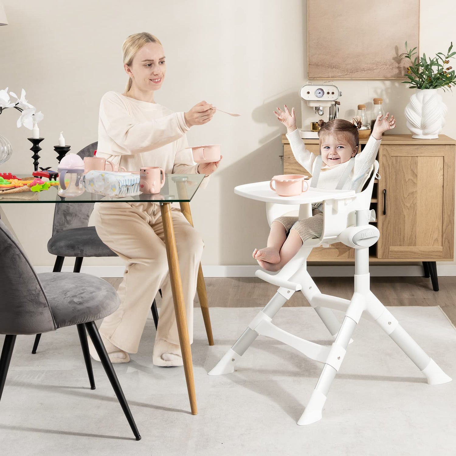GYMAX Baby High Chair, 4-in-1 Convertible Highchair with 5-Position Adjustable Height, Removable & Washable Tray