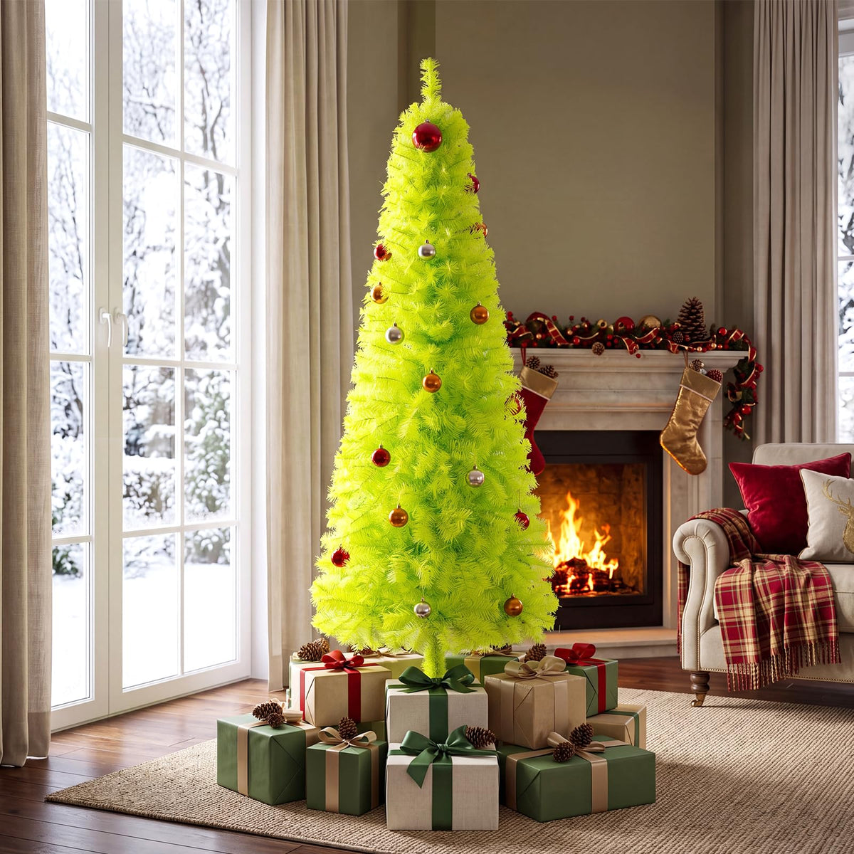 Pre-Lit Christmas Tree, Slim Artificial Xmas Tree with Curved Top Neon Chartreuse PVC Foliage, Warm White LEDs, 8 Light Modes, Pre-Decorated with Baubles, Metal Base for Indoor Use Visit the TANGZ