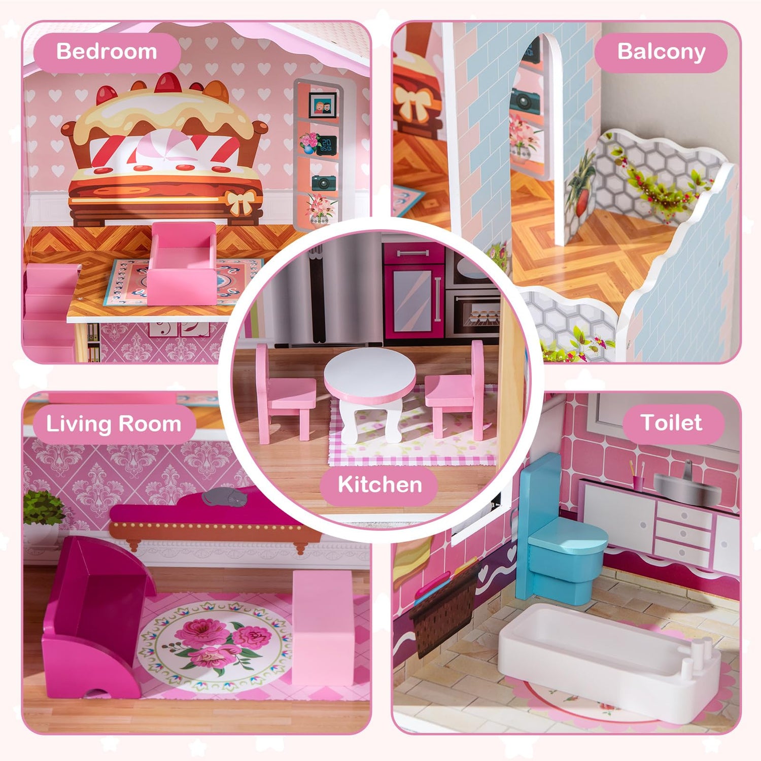 GYMAX 3 Storey Wooden Dolls House with Simulated Rooms and Accessories