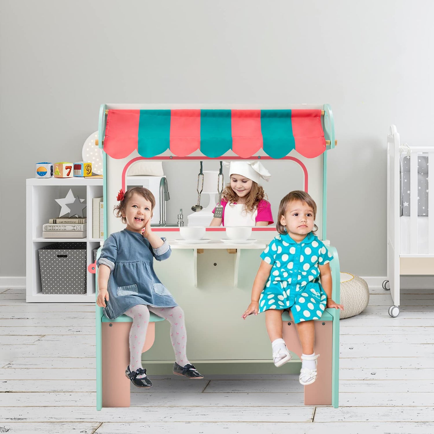 GYMAX Kids Play Kitchen, 2 in 1 Wooden Toy Kitchen with Oven, Stove, Sink, Cookware Accessories (Pink+Blue)