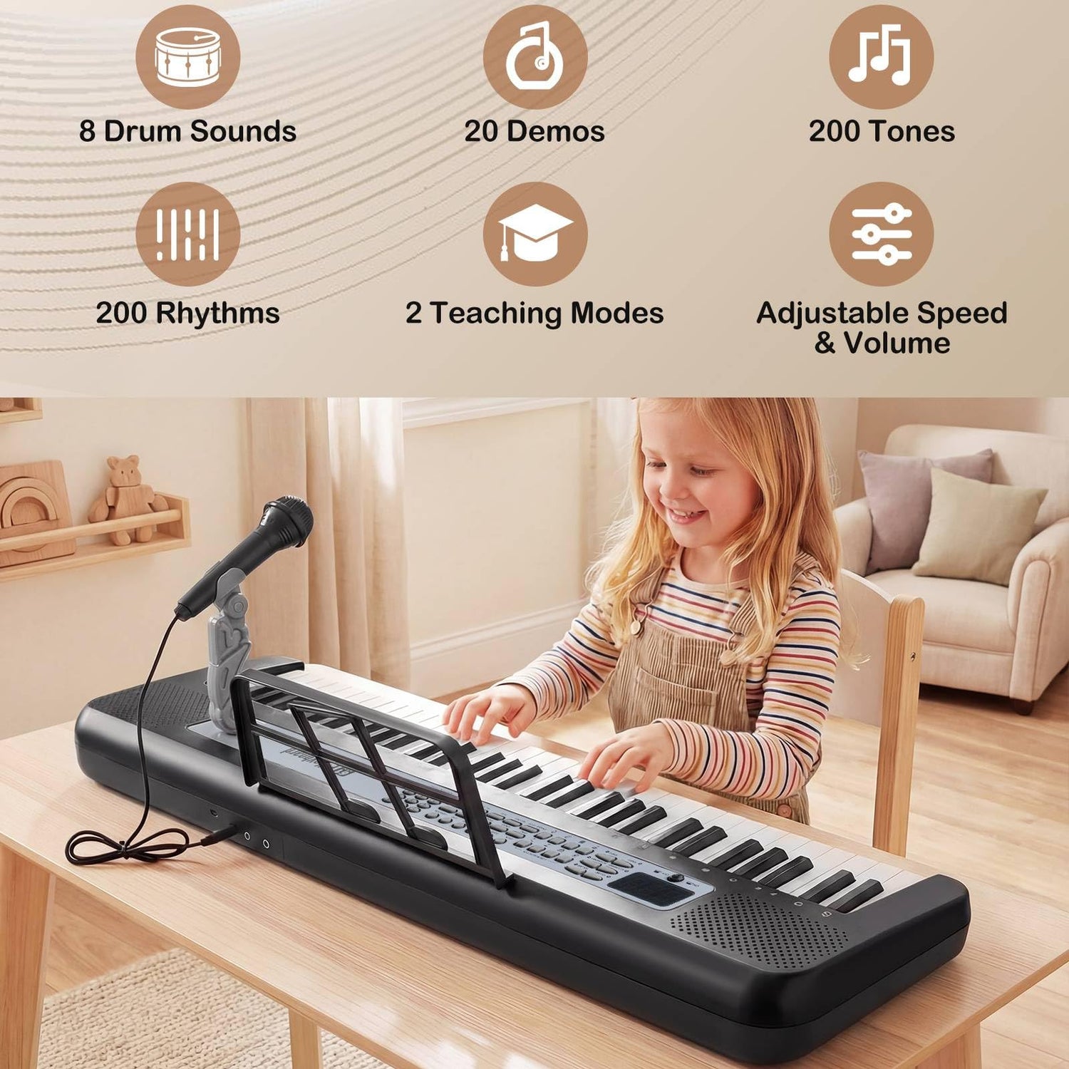 61 Keys Kids Piano Keyboard with Adjustable Stand for Aged 3+ Years Old