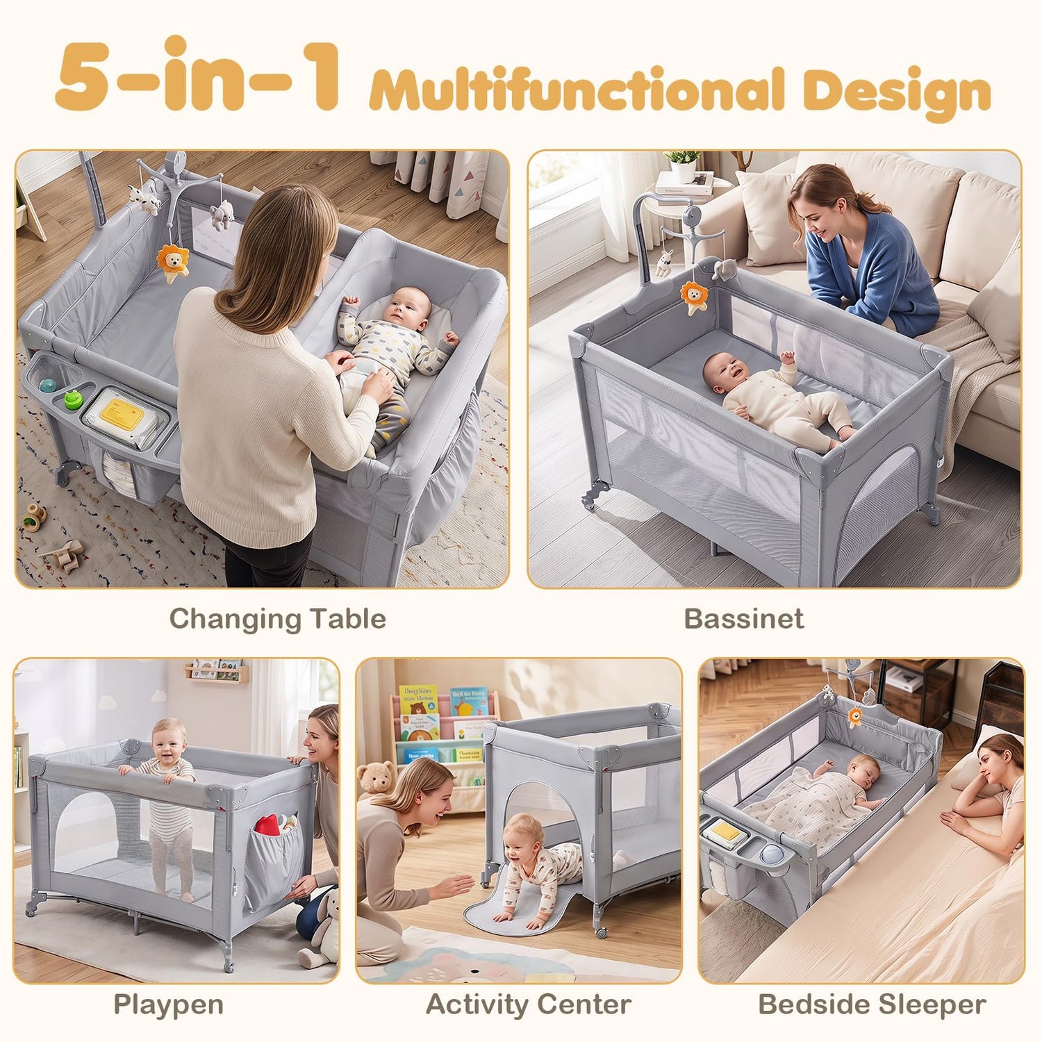 5 in 1 Baby Travel Cot, Portable Baby Crib Bassinet
