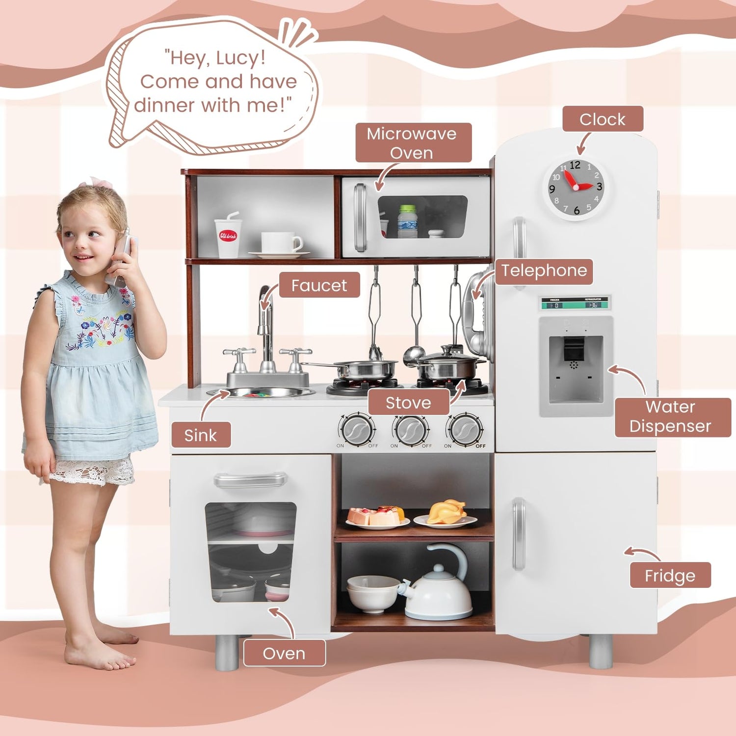 GYMAX Wooden Play Kitchen - Kids Toy Kitchen with Microwave, Fridge, Water Dispenser, Telephone, Oven, Cookware
