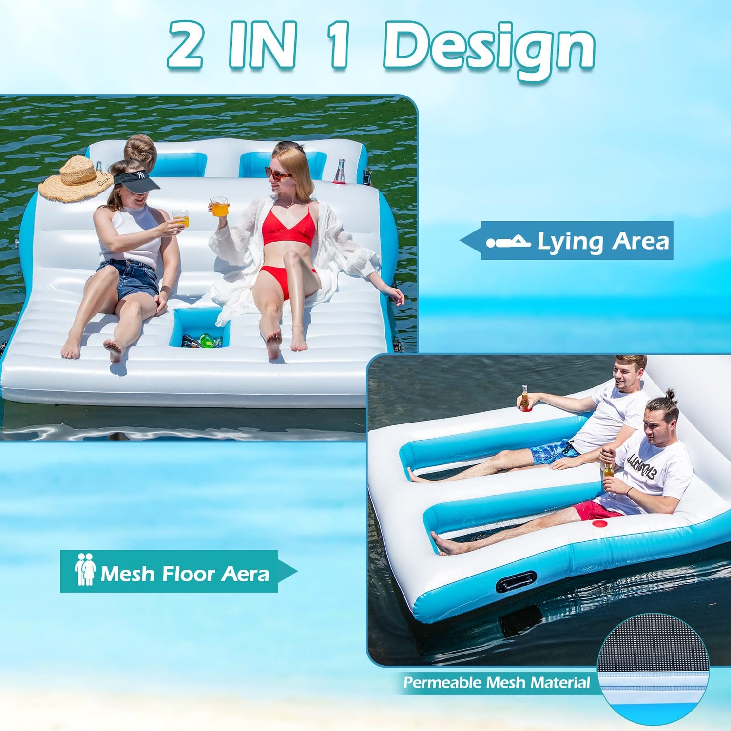 GYMAX Inflatable Floating Island with Ice Chest & 4 Cup Holders