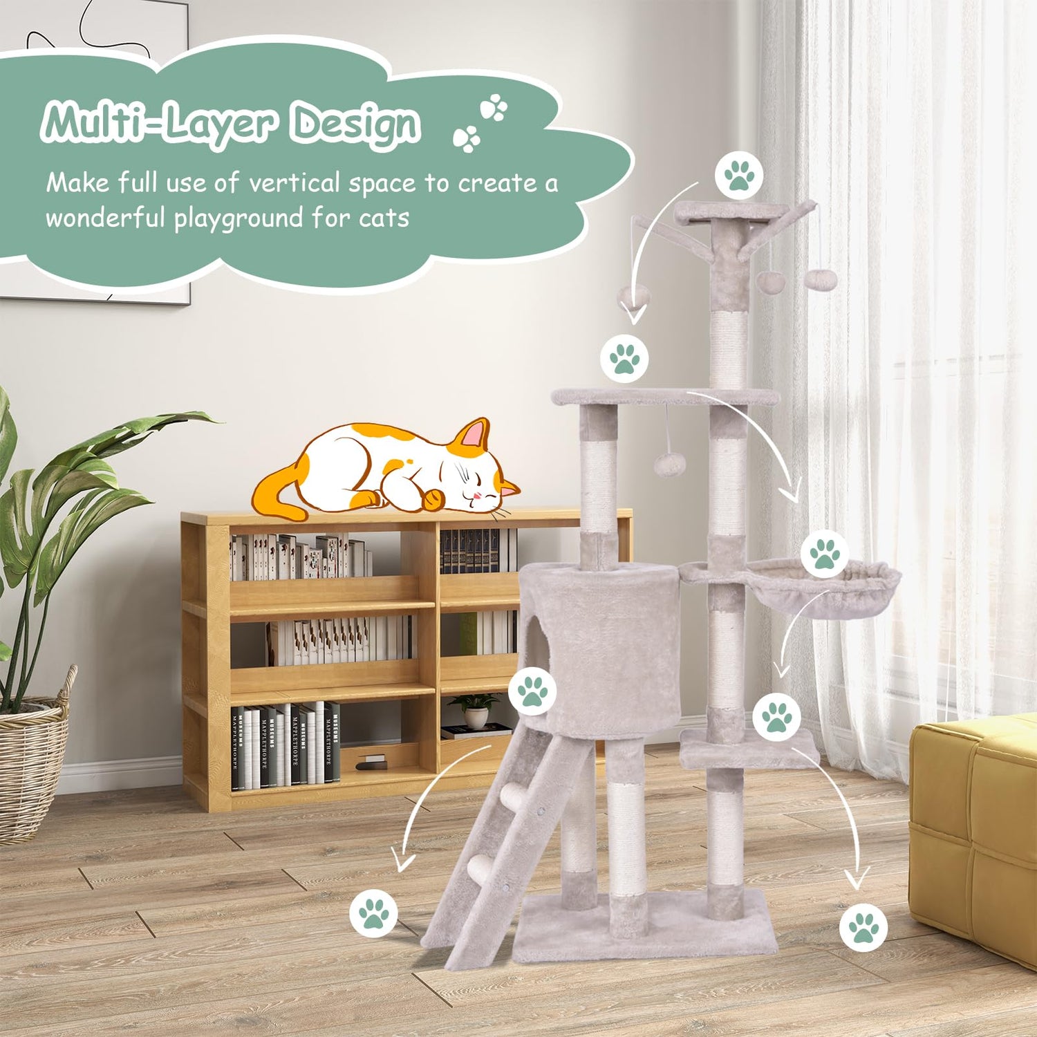 GYMAX Modern Cat Tree 140cm Tall Wooden Cat Tower