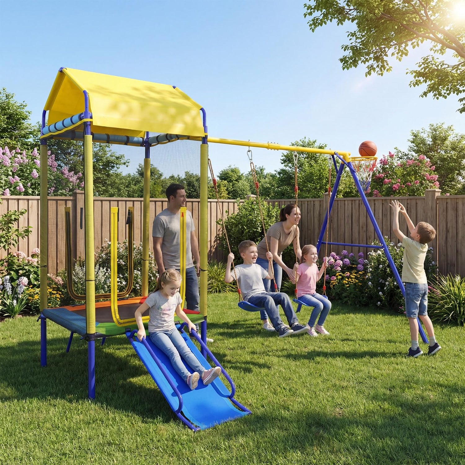 5-in-1 Kids Swing Set, Heavy-duty Metal Swing Stand with Trampoline, Roof, 2 Belt Swings