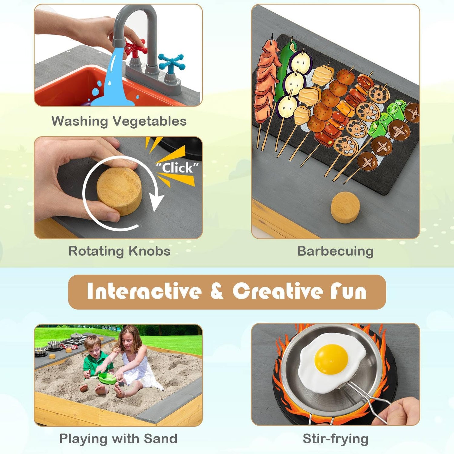 GYMAX Wooden Kids Sandbox, 135x125cm Children Sandpit with Bottom Liner, Cooking Area, Bench Seat & Kitchen Accessories