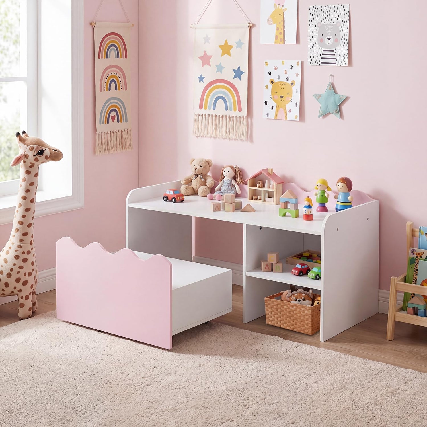 Kids Bookcase, Toy Organizer with Movable Drawer