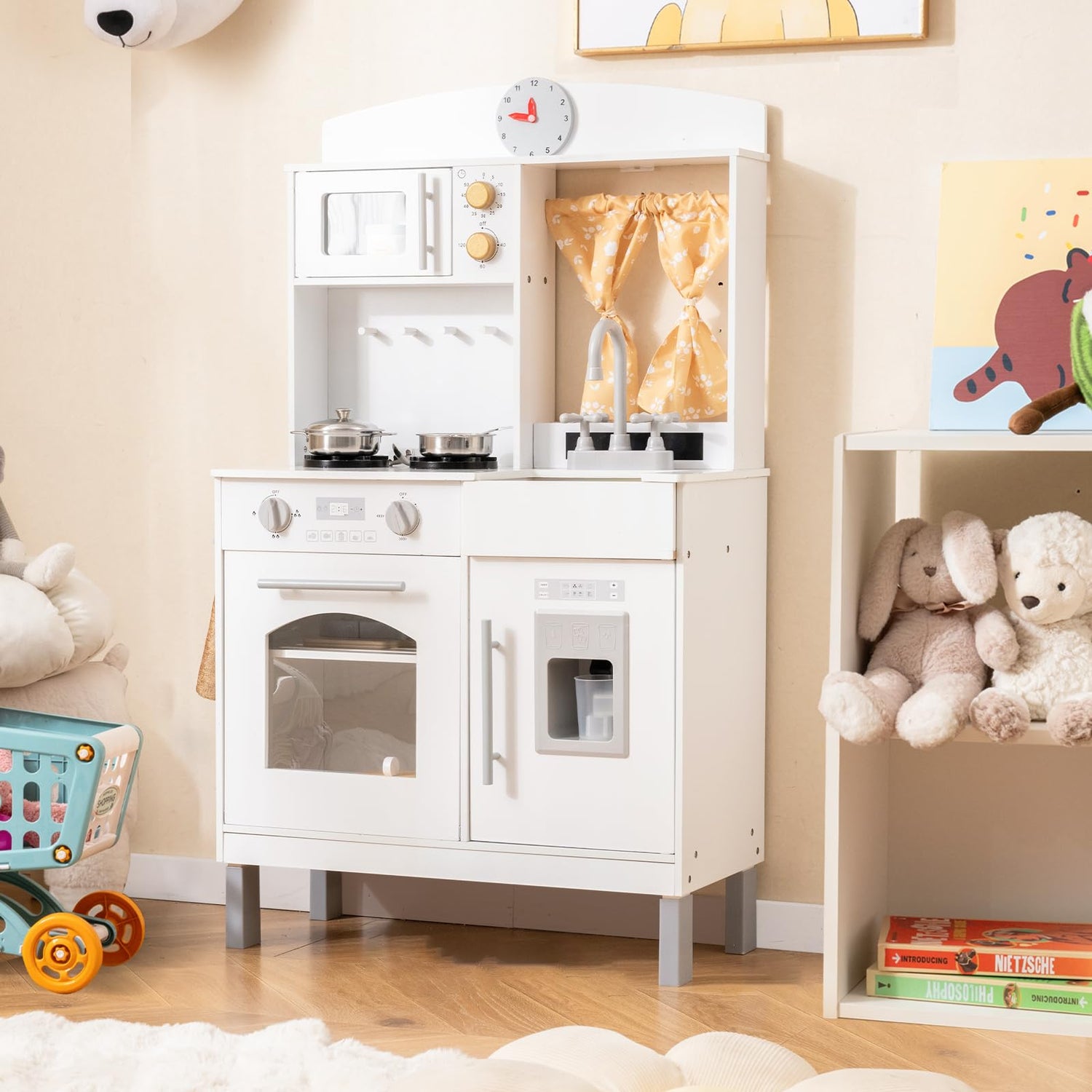 Wooden Play Kitchen for Kids with 3 Adjustable Heights with Stoves and Ice Maker