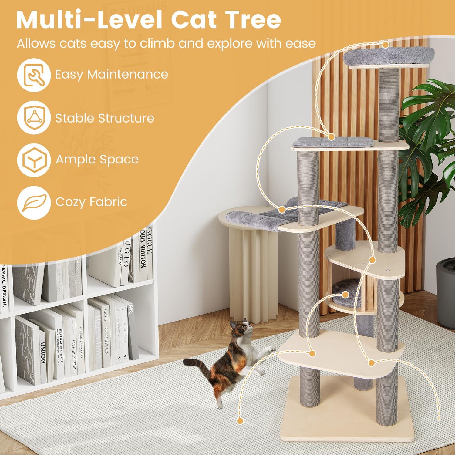 Tall Multi-Layer Cats Tower with Comfy Padded Top Perch, Private Condo