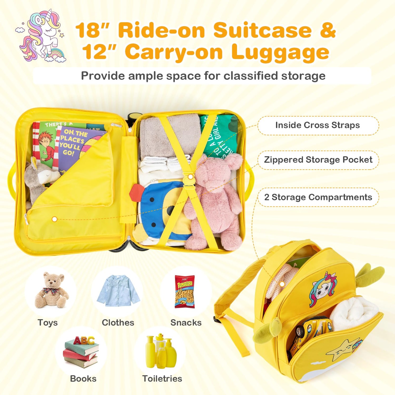 GYMAX 2Pcs Kids Luggage Set, 12" & 18" Children Hand Trolley Case with Wheels and Anti-Lose Rope