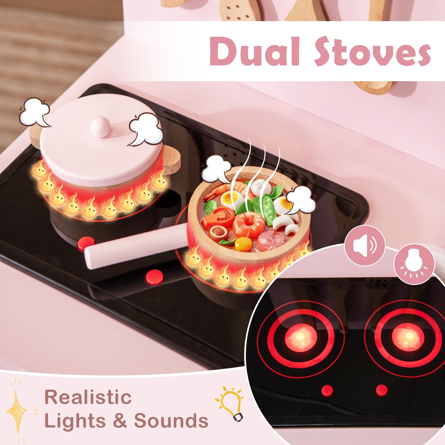 GYMAX Kids Play Kitchen, Wooden Toy Kitchen with Sound