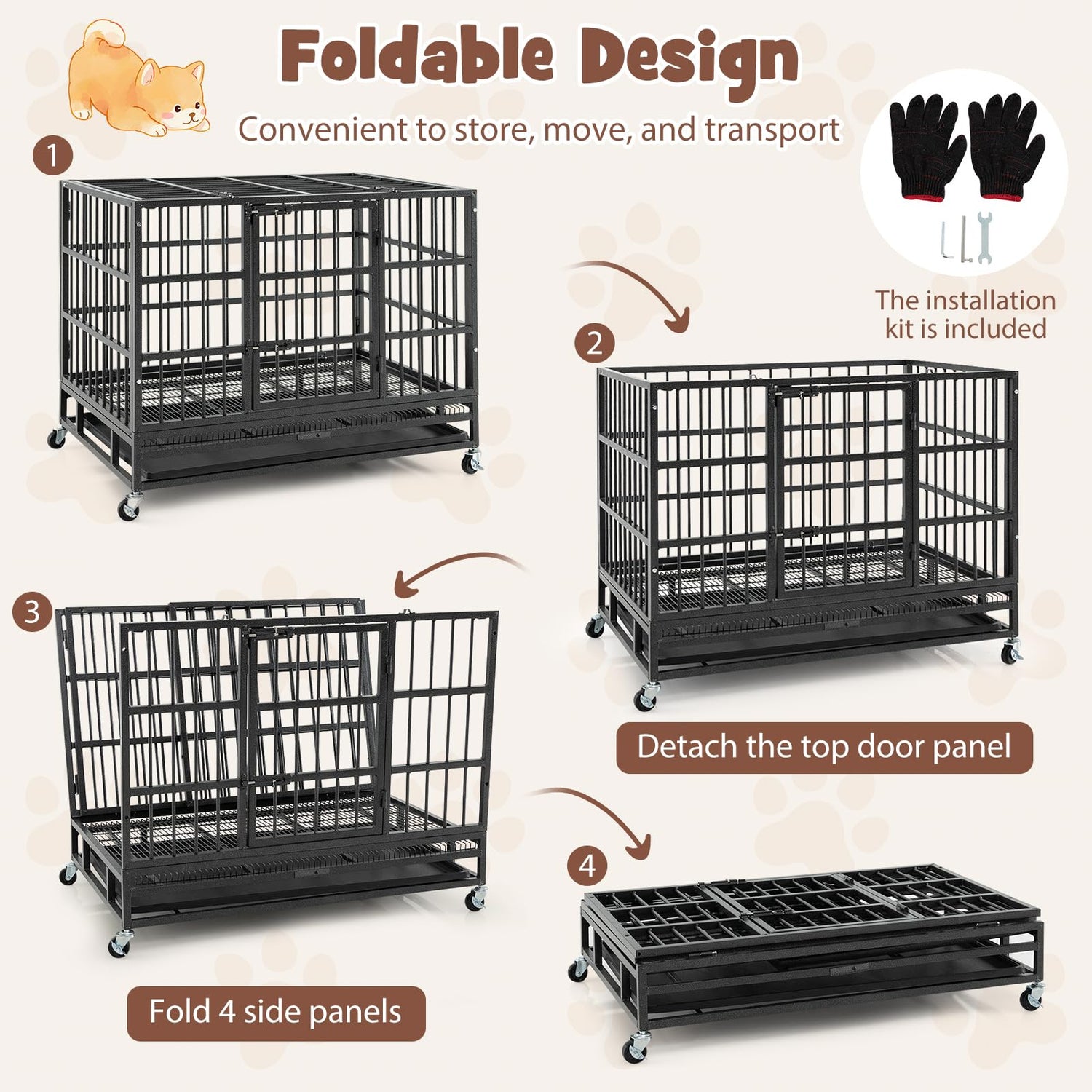 GYMAX 38" Heavy-Duty Dog Crate, Foldable Dog Kennel Crate Lockable Wheels & Doors (96 x 65 x 77cm)