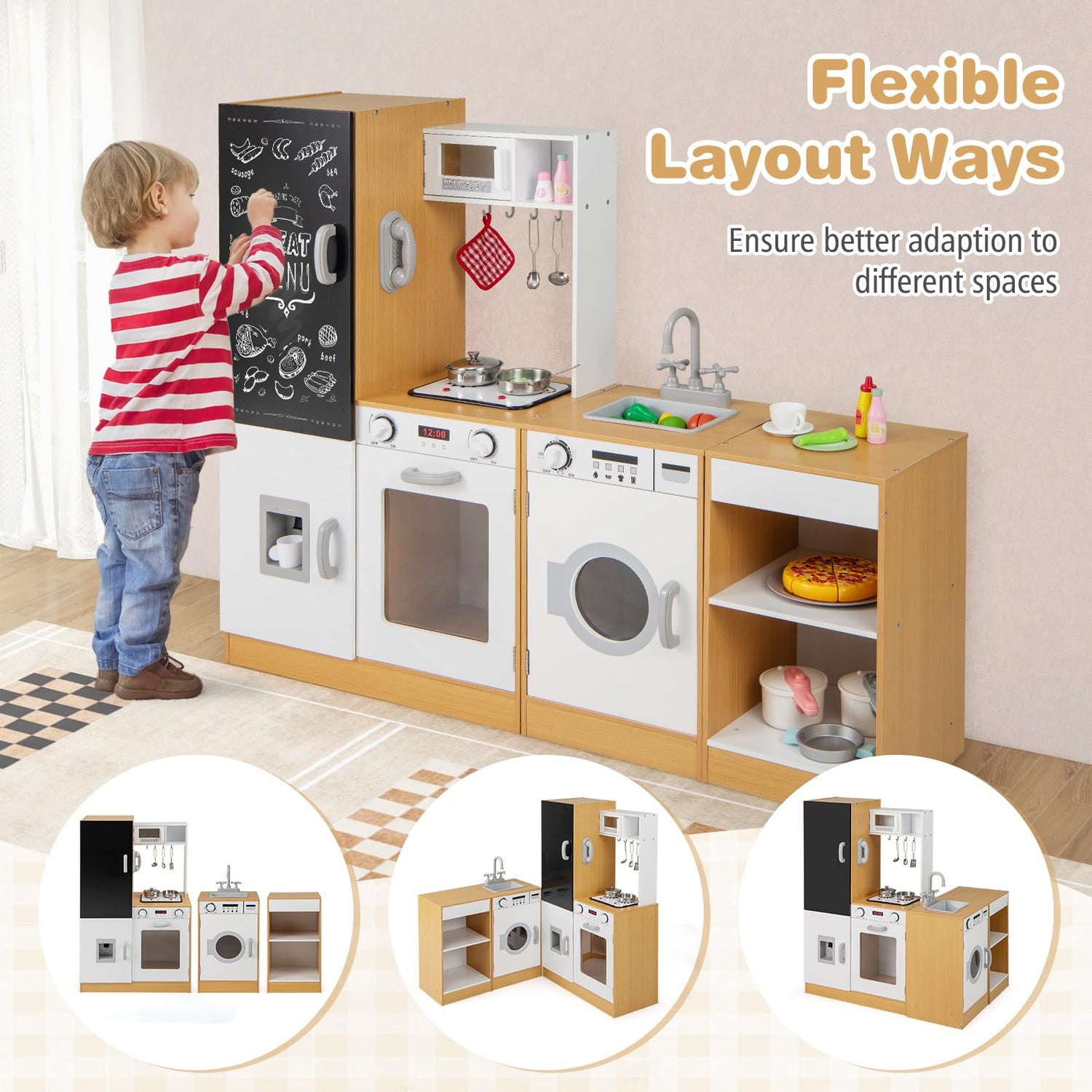 3-Piece Kids Play Kitchen Set with Realistic Sounds Lights and Blackboard