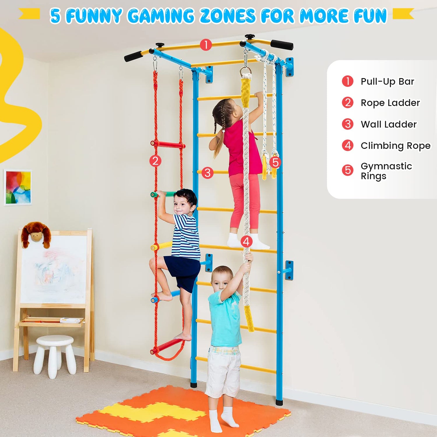 GYMAX Swedish Ladder Wall Set, 5 in 1 Gymnastics Wall Bar with Pull-Up Bar, Rope Ladder