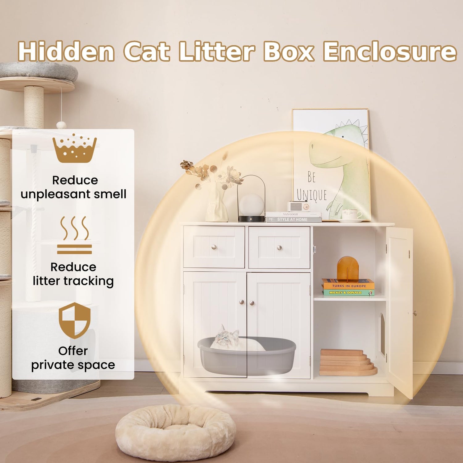 GYMAX Cat Litter Box Enclosure, Wooden Pet Cabinet Furniture with Hidden Cat Washroom and 2 Drawers