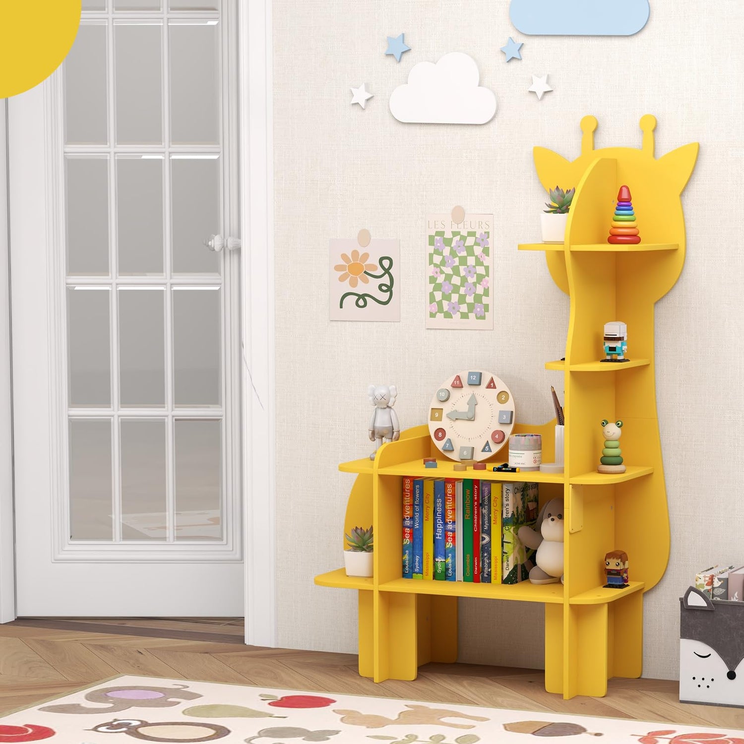 GYMAX Kids Storage Shelf, Wooden Children Bookshelf with Anti-Tipping Device