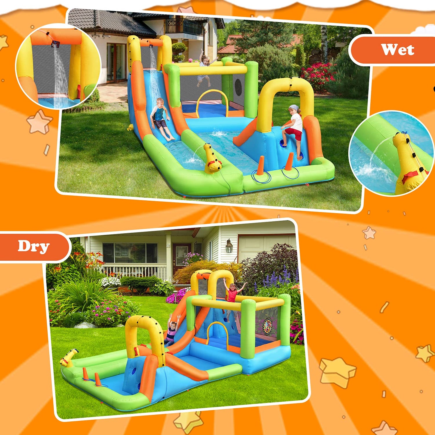 GYMAX Multifunction Inflatable Bouncy Playhouse with Double Slide and Climbing Wall