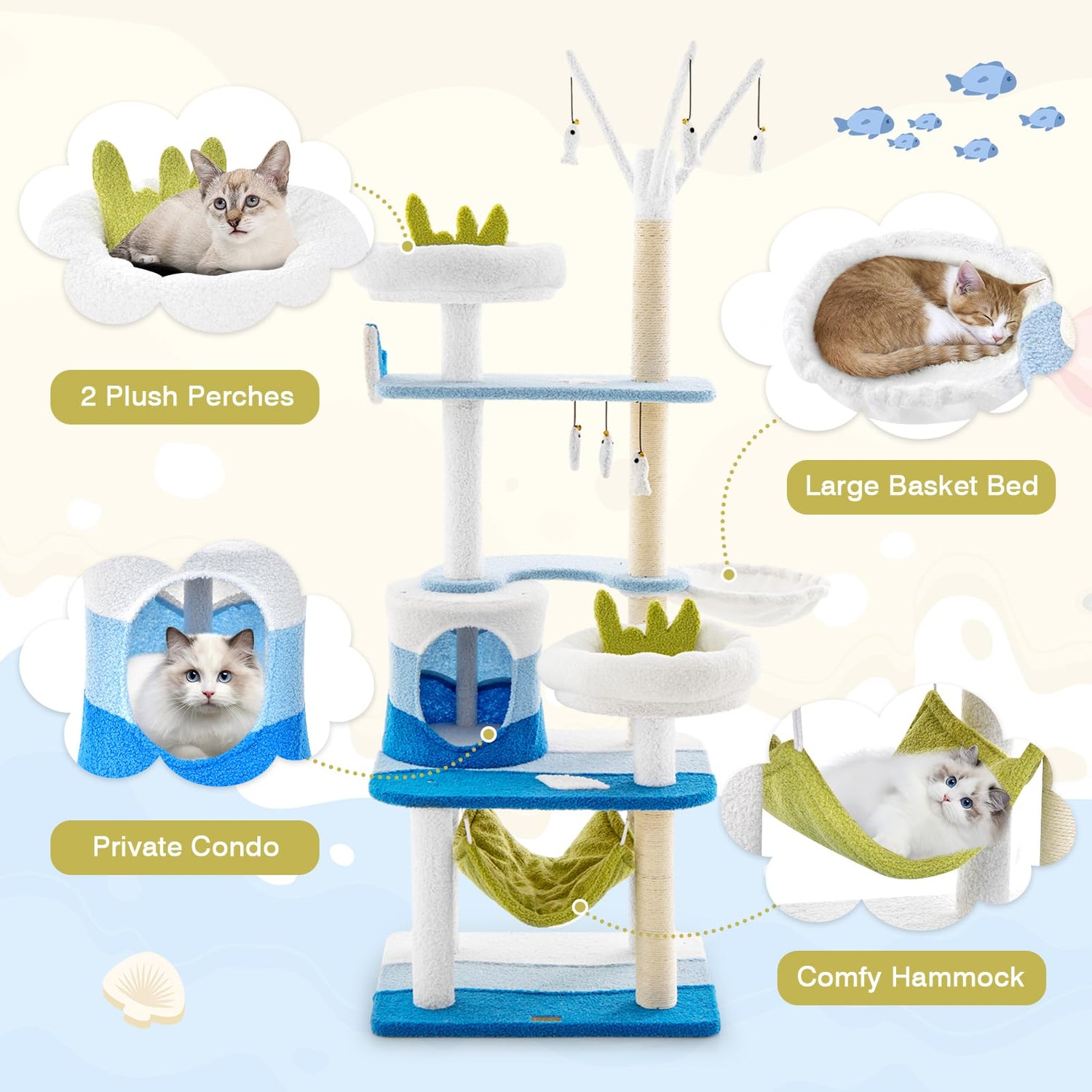 GYMAX Cat Tree, Multi-Level Cats Tower with Scratching Posts, Top Perch & Hanging Toys (165cm Tall)