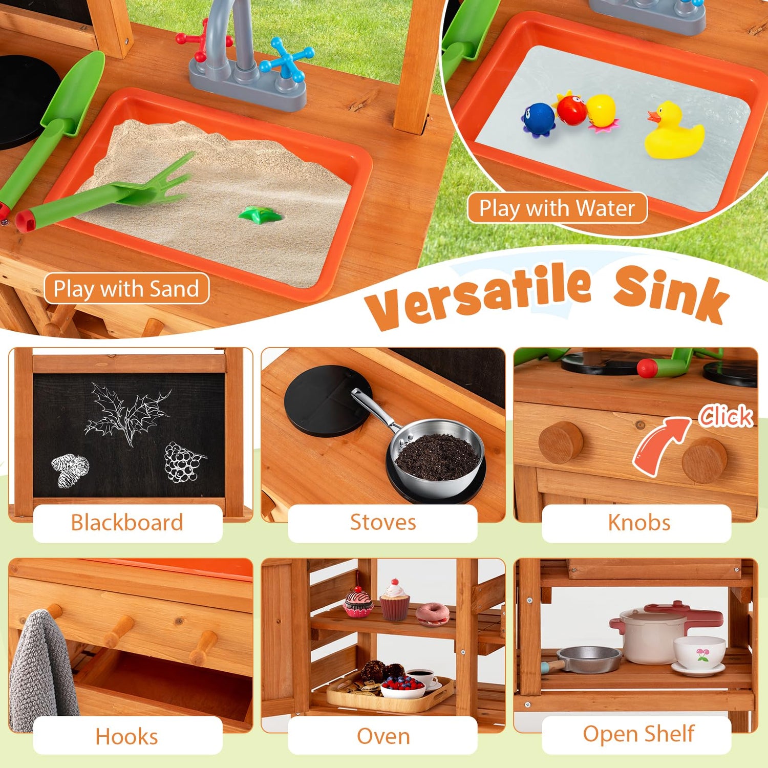 GYMAX Kids Mud Kitchen, Fir Wood Children Potting Bench Table with Adjustable Canopy