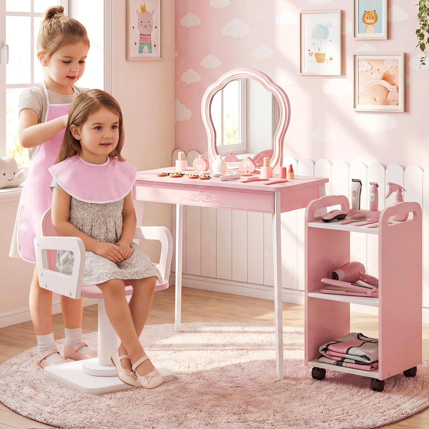 Kids Vanity Set, Girls Dressing Table with Lighted Mirror, Swivel Barber Chair