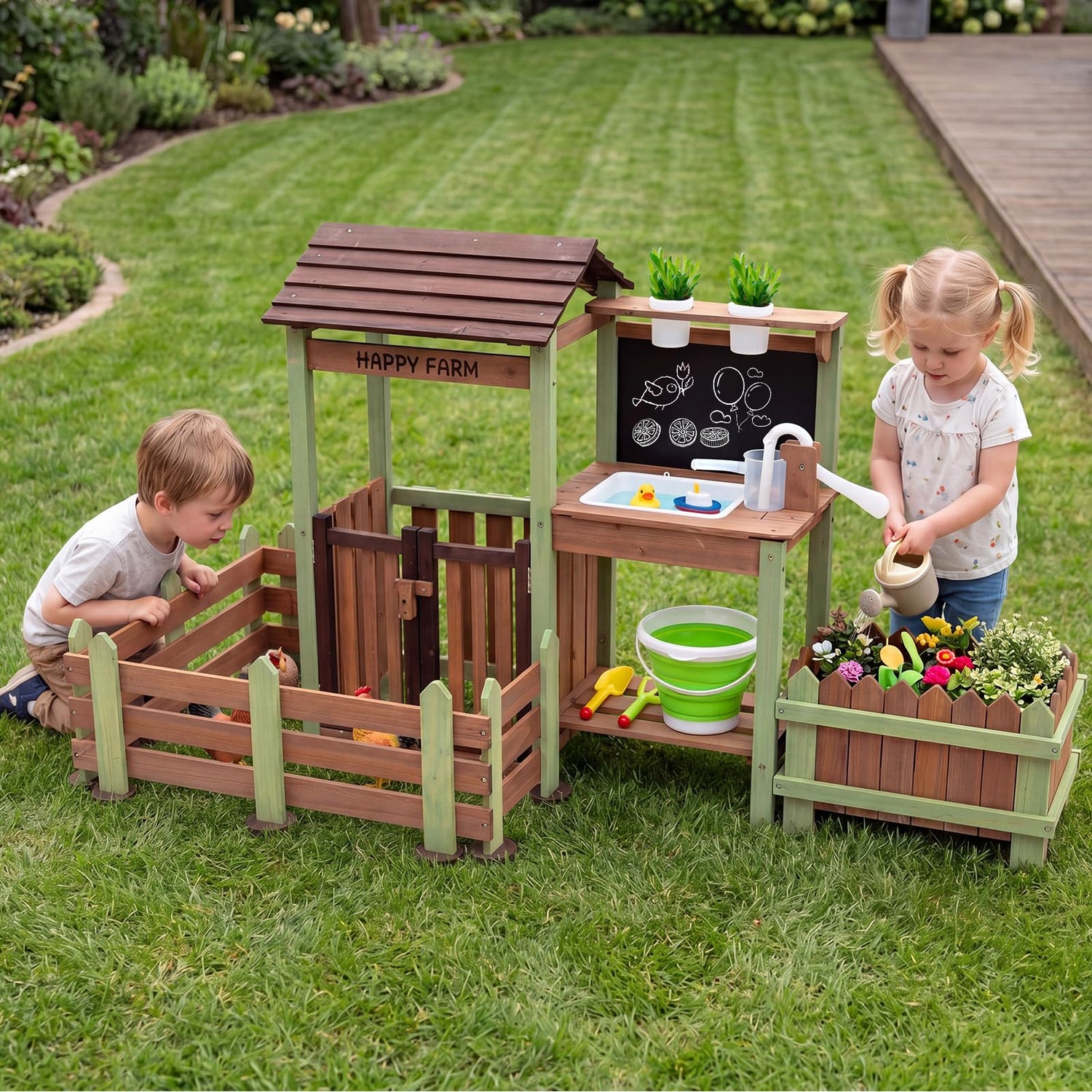 Fir Wood Barnyard Pretend Toy with Raised Planter Box