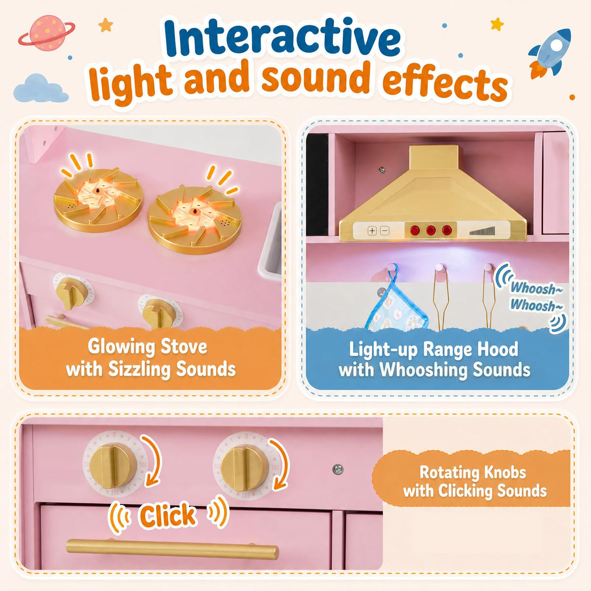 Kids Play Kitchen, Wooden Toy Kitchen with Stoves, Range Hood, Oven