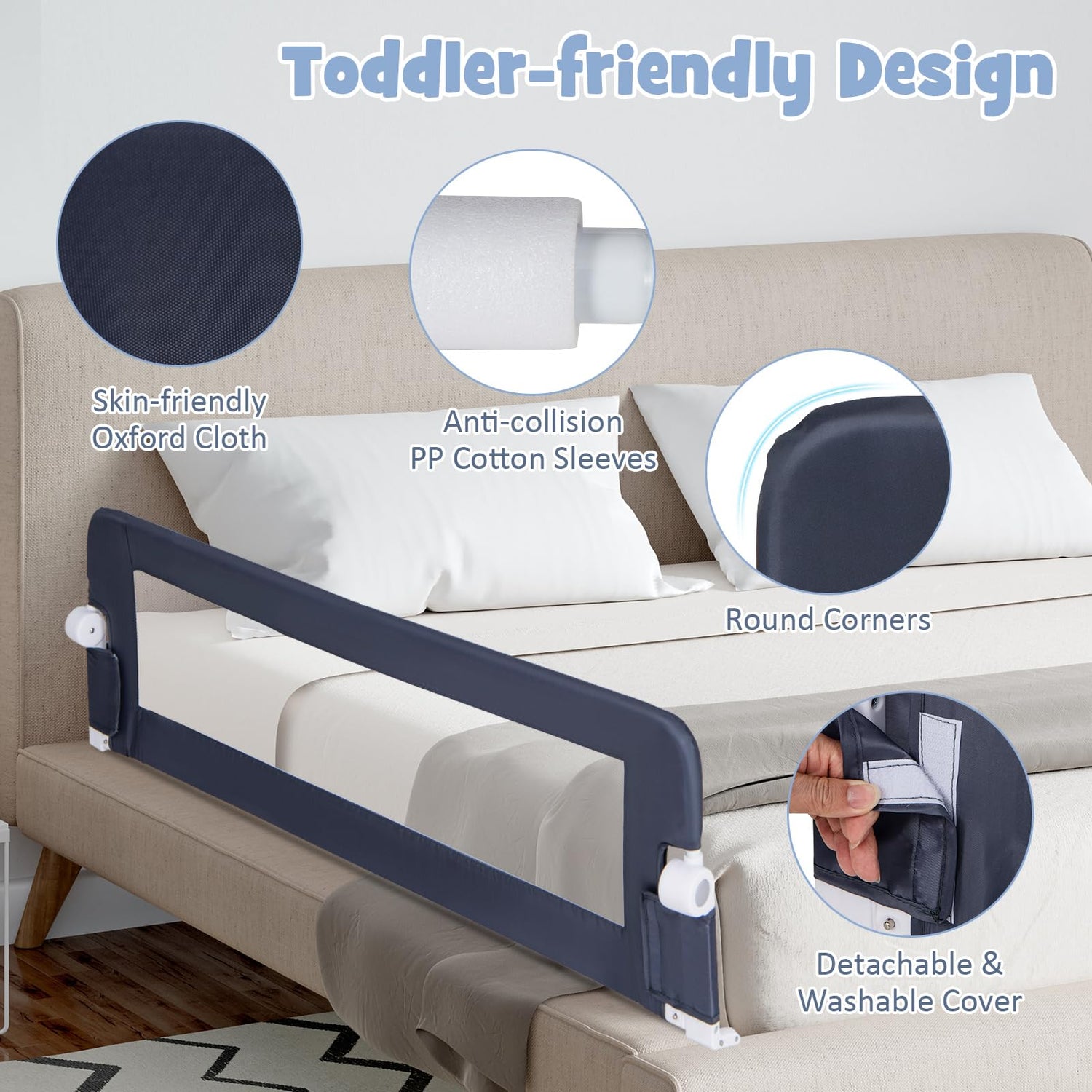 GYMAX Bed Rails for Toddlers, 152CM Foldable Baby Bed Guard with Safety Strap, Swing Down Children Safety Bedrail
